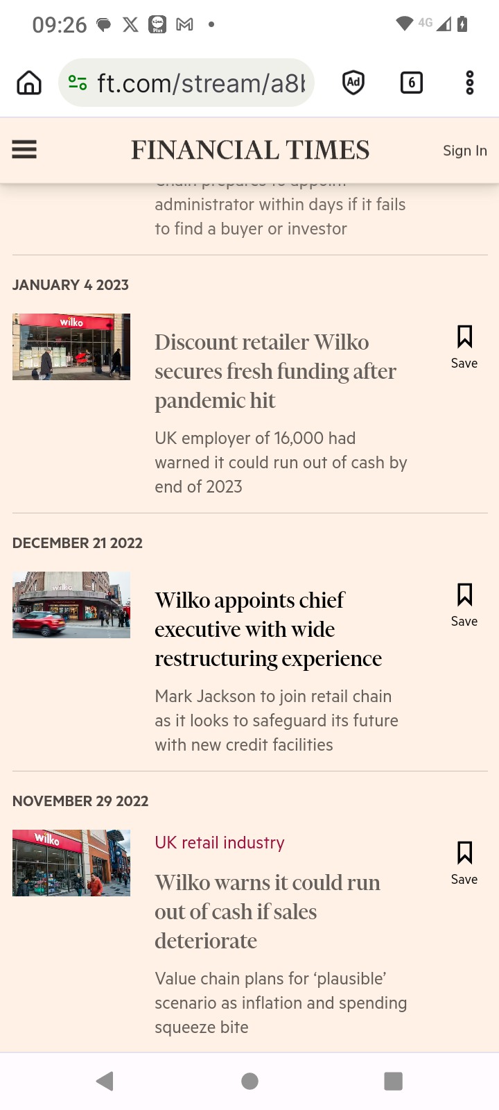 screenshot showing list of articles about Wilkos financialwoes